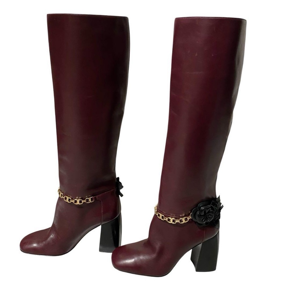 Tory Burch burgendy  Heeled Boots with Gold Detail
